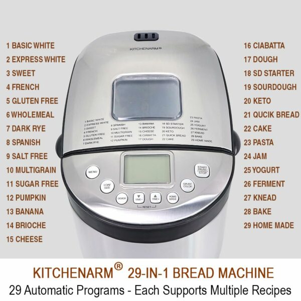 KITCHENARM 29-in-1 SMART Bread Machine with Gluten Free Setting 2LB 1.5LB 1LB Bread Maker Machine with Homemade Cycle - Stainless Steel Breadmaker with Recipes Whole Wheat Bread Making Machine
