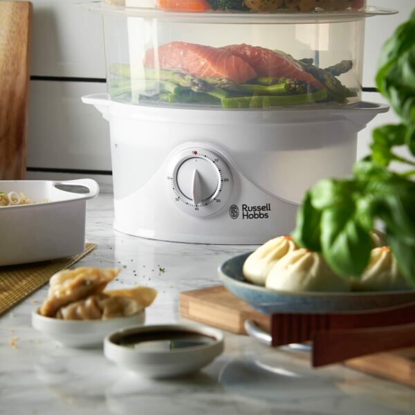 Russell Hobbs 3 Tier Electric Food Steamer, 9L, Dishwasher safe BPA free baskets, Stackable baskets, 1L Rice bowl inc, 60 min timer, Steams in 40 seconds, Healthy eating, Energy saving, 800W, 21140