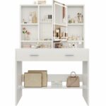 Devoko Dressing Table with LED Lights, 3 Light Colours, Adjustable Brightness,Vanity Desk with 2 Drawers, Jewellery Storage and Open shelves, Makeup Desk with Mirror, 90×40cm (White)