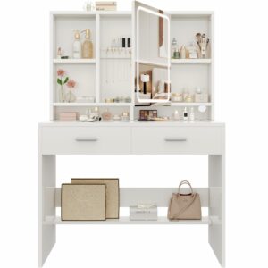 Devoko Dressing Table with LED Lights, 3 Light Colours, Adjustable Brightness,Vanity Desk with 2 Drawers, Jewellery Storage and Open shelves, Makeup Desk with Mirror, 90×40cm (White)