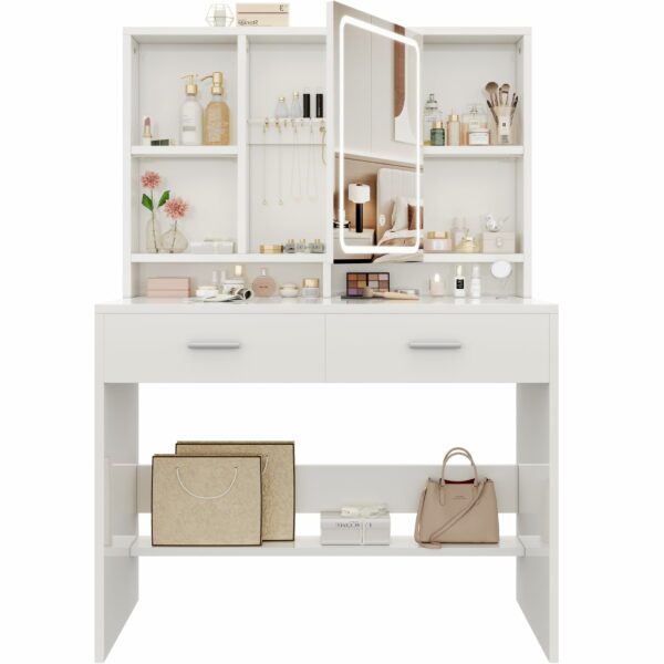 Devoko Dressing Table with LED Lights, 3 Light Colours, Adjustable Brightness,Vanity Desk with 2 Drawers, Jewellery Storage and Open shelves, Makeup Desk with Mirror, 90×40cm (White)