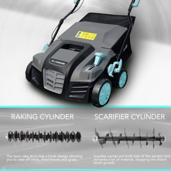 Bluemars Lawn Scarifier and Aerator,2000W Electric Lawn Rake with 40cm Working Width,5 Positions,55L Grass Box, Folding Handle,10M Power Cord