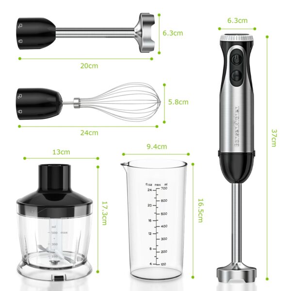 Bonsenkitchen Stainless Steel Hand Blender, 4-in-1 Stick Blender 1000W, 20 Speed Adjustable, with Whisk, 500ml Chopper and 700ml Measuring Cup, Food Processor (HB3203)