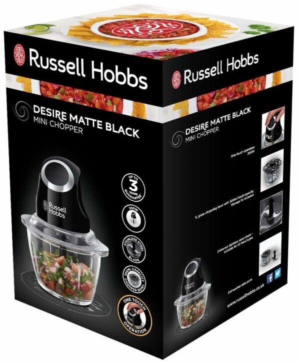 Russell Hobbs Desire Electric Fruit & Vegetable Mini Chopper, 1L glass bowl with 500ml food capacity & storage lid, Dishwasher safe parts, Stainless Steel blades, One touch operation, 200W, 24662