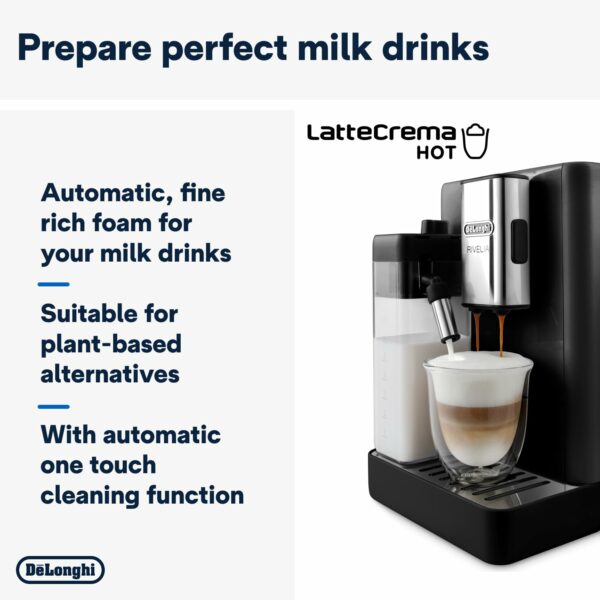 De'Longhi Rivelia EXAM440.55.B, Fully Automatic Coffee Machine with LatteCrema Hot, Automatic Milk Frother, Compact Size Bean to Cup Coffee Machine, 16 Recipes, Full Touch Colored Display, Black