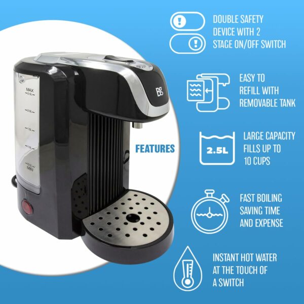 2.5L Instant Hot Water Dispenser - Use For Cup Of Tea & Coffee Maker | Suitable For Home, Kitchen & Office | Electric Kettle with Tank - Removable Dip Tray, Fast Boil, Energy-Efficient Machine - Black