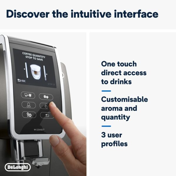 De'Longhi Dinamica Plus ECAM370.95.T, Automatic Bean to Cup Coffee Machine, LatteCrema Hot Milk Frother, Smart One Touch Technology, App, 3.5" Touchscreen, My Function, 1450W, Titanium