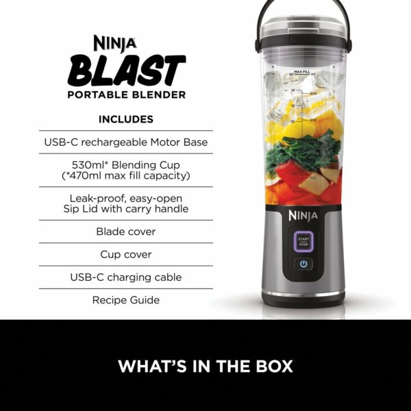 Ninja Blast Portable Blender, 530ml, Leakproof Lid & Sip Spout, Powerful Cordless Mini Blender, Rechargeable, Portable Smoothies, Protein Shakes, Blends Ice & Frozen Fruit, Black, BC151UKBK