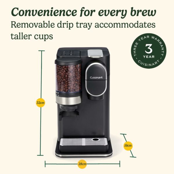 Cuisinart One Cup Grind And Brew Coffee Machine, Bean to cup, Single serve Filter coffee, Stainless steel conical burr grinder, Adjust coffee strength, 3 cup sizes, Reusable filter pod, Black