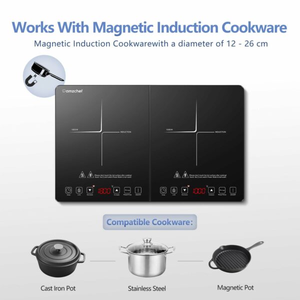 AMZCHEF Double Induction Hob, Induction Cooker with Portable Ultra-thin Body, Independent Control,10 Temperature, Multiple Power Levels, 2800W, 3-Hour Timer, Safety Lock