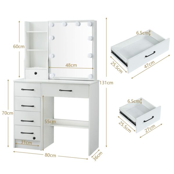Guanglai Vanity Desk with Mirror & Light, 3 Lighting Modes Adjustable Brightness,5 Drawers Makeup Table with Stool for Women Girls