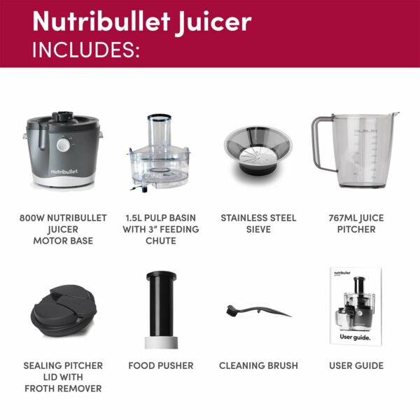 nutribullet 800W Centrifugal Juicer - 8 Piece Set - 1.5L Pulp Basin & 800ml Juicer Pitcher - Two Speeds, Wide 3" Chute, No-Drip Spout & Dishwasher Safe - Juice Tough Fruits and Vegetables With Ease