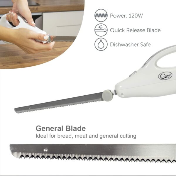 QUEST 35059 Electric Serrated Carving Knife/Cut Turkey, Beef, Chicken, Lamb, Ham, Bread, Vegetables, & Fruits With Ease / 120W / White Colour