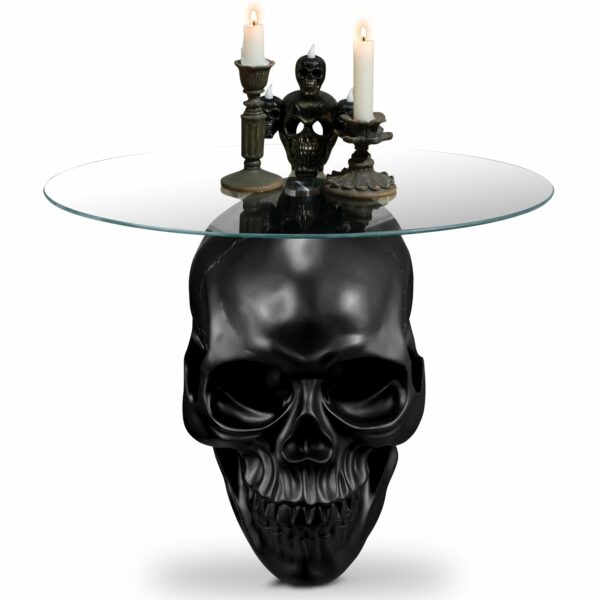 Thyle Gothic Skull Glass Topped Table - Round Gothic Coffee Table with Spooky End Tables and Pedestal Design for Living Room Accessories and Home Decor