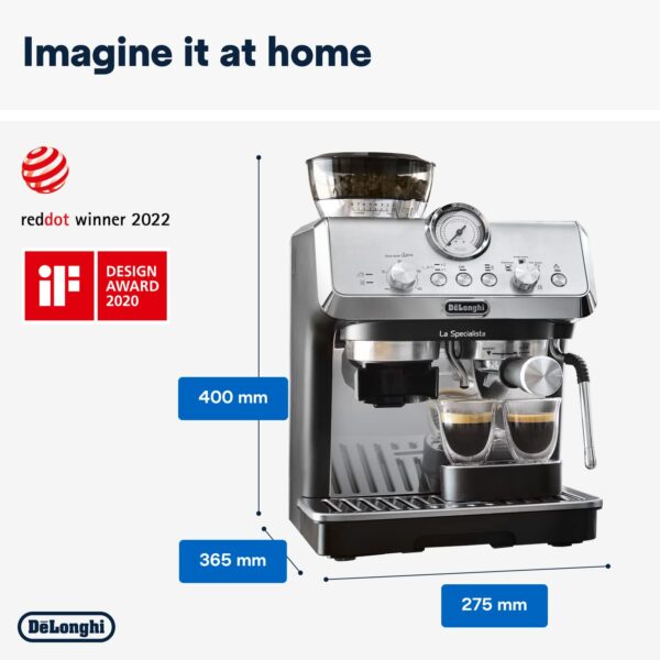 De'Longhi La Specialista Metal Barista Pump Espresso Machine, Bean to Cup Coffee and Cappuccino Maker, EC9155.MB, 1450W, Silver