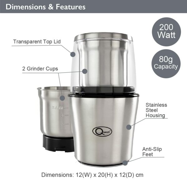 Quest 34170 Electric Wet and Dry Grinder / One Touch Operation / Coffee, Spices, Nuts, Fruit, Vegetables, Sauces, Salsa, Dips / 80g Capacity / 2 x Interchangeable Stainless Steel Blades