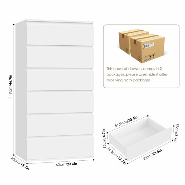 Forehill Chest of Drawers with 6 Drawers 119cm Tall Storage Cabinet White Chest of Drawers Dresser Wooden Cupboard for Bedroom Living Room 60x40x119cm