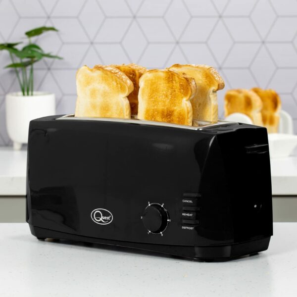 Quest 4 Slice Toaster Black - Extra Wide Long Slots for Crumpets and Bagels - 6 Settings - Reheat and Defrost
