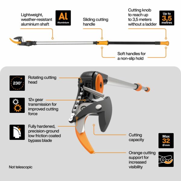 Fiskars PowerGear X Tree Pruner UPX82, Non-stick Coated, Steel Blade/Aluminium Handle, Length 1.6 m, Black/Orange, 1023625