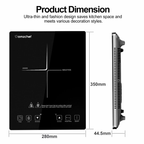 AMZCHEF Single Induction Cooker, Ultra-thin Induction Hob with Fashion Look, 10-level Power and Temperature Control, Black Frosted Glass Panel, Touch Sensor, 3-hour Timer, Safety Lock