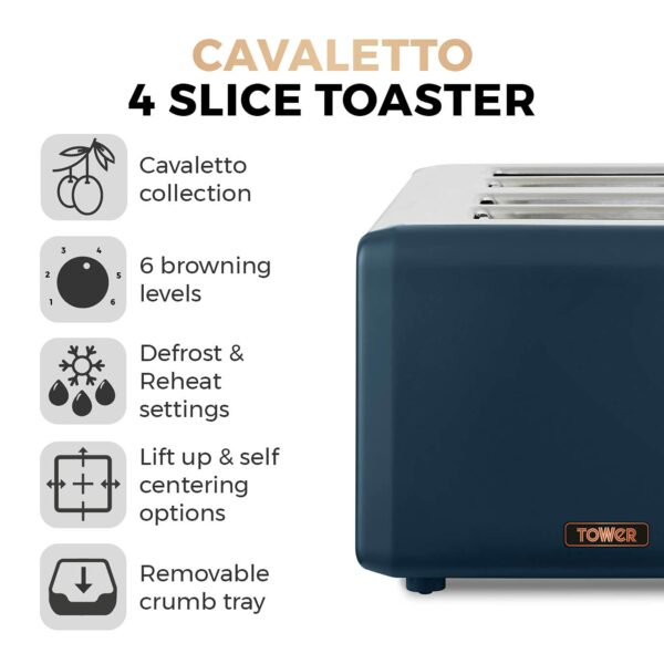 Tower T20051MNB Cavaletto 4-Slice Toaster with Defrost/Reheat, Stainless Steel, 1800 W, Midnight Blue and Rose Gold