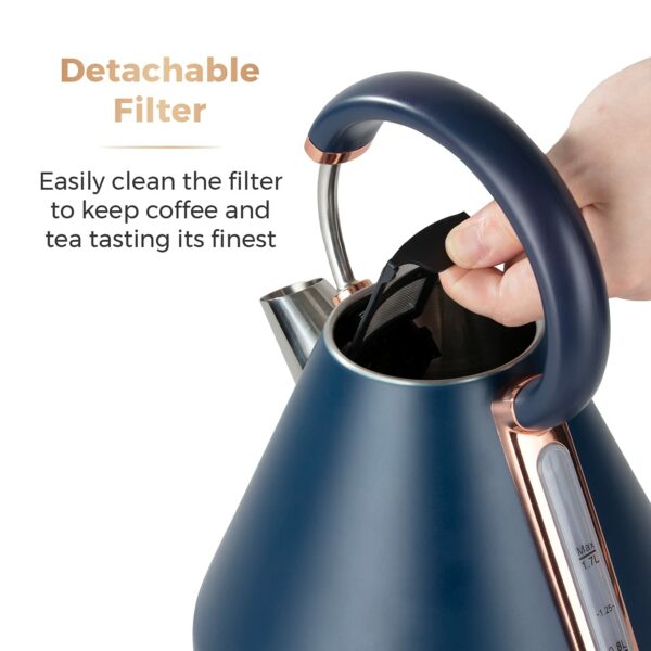 Tower T10044MNB Cavaletto Pyramid Kettle with Fast Boil, Detachable Filter, 1.7 Litre, 3000 W, Midnight Blue and Rose Gold