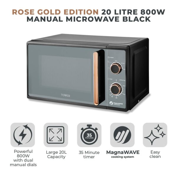 Tower T24038RG Cavaletto Manual Microwave with 5 Power Levels 35 Minute Timer, 800W, 20L, Black Rose Gold
