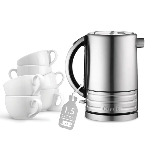 Dualit Architect Kettle | 1.5 L 2.3 KW Stainless Steel | Rapid Boil and Patented Pure Pour Non-Drip Spout | Measuring Window with Cup Level Indicators | CJK1, Black Trim Brushed Body