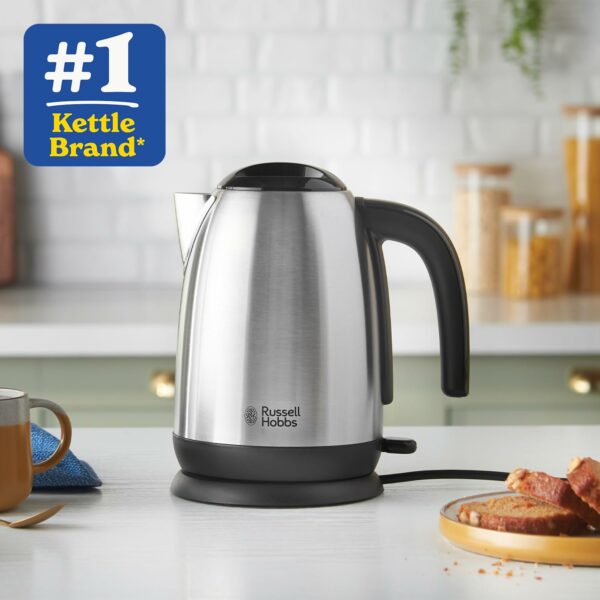 Russell Hobbs Brushed Stainless Steel & Black Electric 1.7L Cordless Kettle with black handle (Fast Boil 3KW, Removable washable anti-scale filter, Pull off lid, Perfect pour spout) 23910