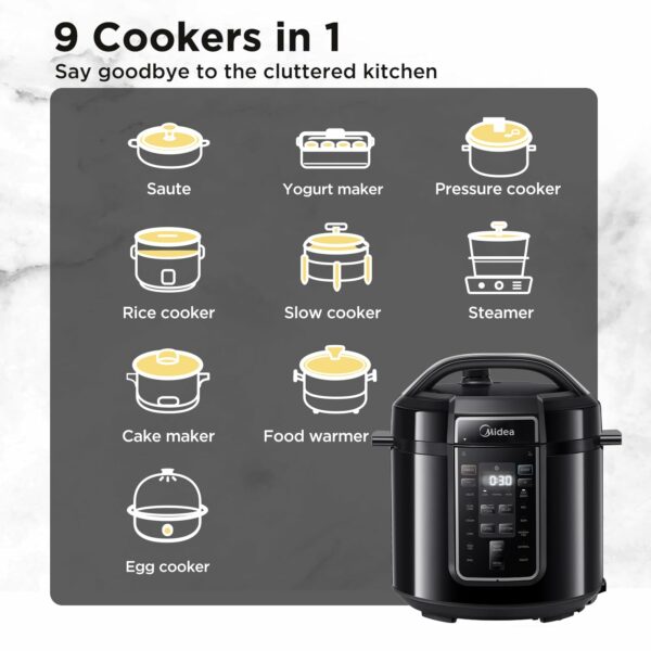Midea Pressure Cooker 6L, 70% Faster 13 Presets, Recipes on line, 9-in-1 Multi Cooker(Yogurt Maker, Rice Cooker, Slow Cooker, Sauté, Steamer,etc.) Stainless Steels Inner Pot Non-Stick Dishwasher Safe