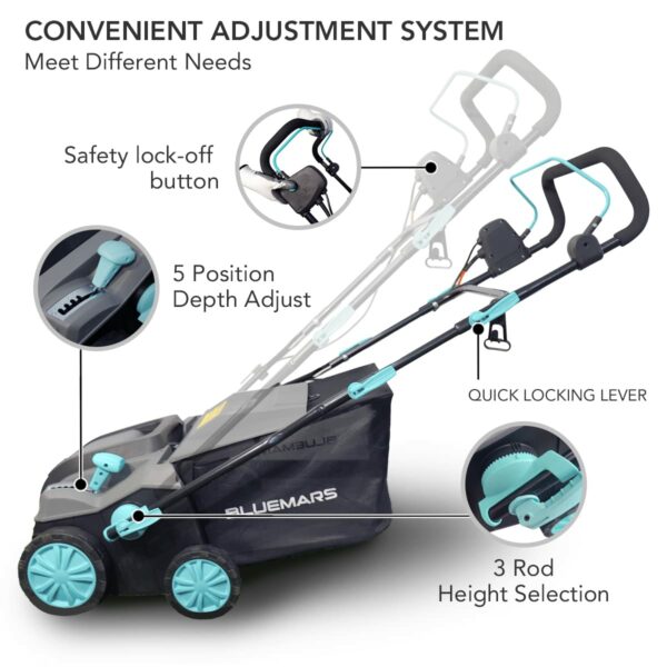 Bluemars Lawn Scarifier and Aerator,2000W Electric Lawn Rake with 40cm Working Width,5 Positions,55L Grass Box, Folding Handle,10M Power Cord