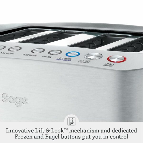 Sage - The Smart Toast - 4-Slice Toaster, 2000 W - Extra Wide Slots, 5 Browning Levels, Automated Lowering, Easy to Clean - Frozen, Crumpet, Lift & Look - Bagel, Toast, Bread - Brushed Aluminium