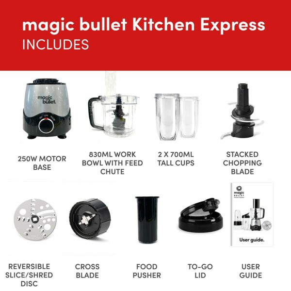 nutribullet magic bullet Kitchen Express - All-in-one Food Processor & Blender - 830ml Capacity - Precise Control - Blend, Chop, Mix & Slice - Ideal for Smoothies & Healthy Meal Preparation - 250W