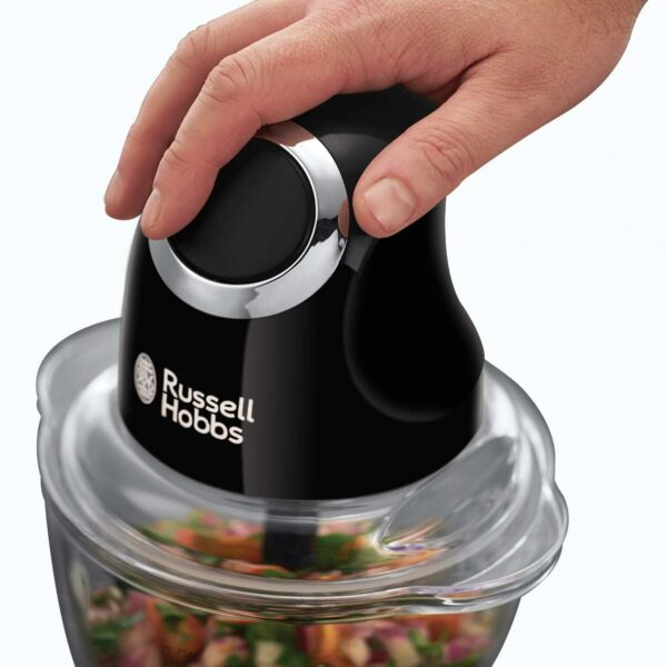 Russell Hobbs Desire Electric Fruit & Vegetable Mini Chopper, 1L glass bowl with 500ml food capacity & storage lid, Dishwasher safe parts, Stainless Steel blades, One touch operation, 200W, 24662