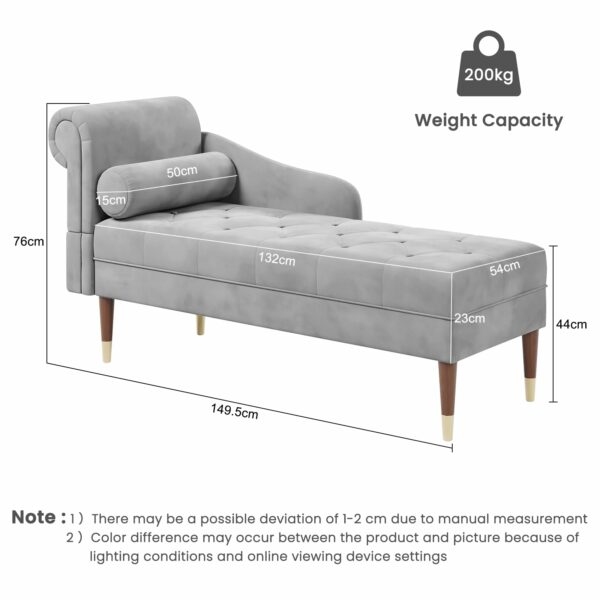 Vesgantti Velvet Chaise Longue, Indoor Lounge Sofa with Left Armrest and Lumbar Pillow, Upholstered Chaise Lounge for Living Room Bedroom and Office, Tool-free Assembly(Grey)