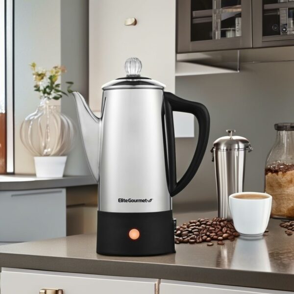 Elite Gourmet Electric 6-Cup Coffee Percolator EC140 with Keep Warm, Clear Brew Progress Knob Cool-Touch Handle Cord-less Serve, Stainless Steel