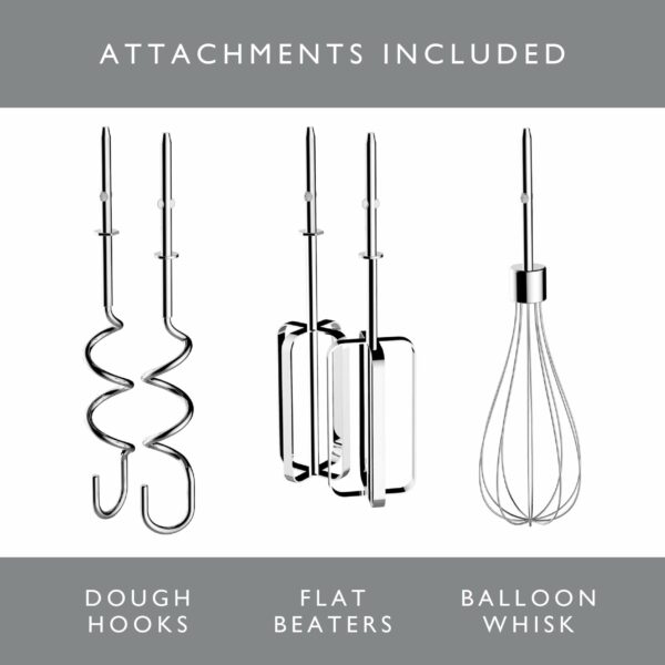 Dualit Hand Mixer Chrome - 400W - Strong Grip Handle - Attachments Included - Integral Plug Storage - 4 Speed Settings - Repairable gears - Flat Beaters, Dough Hooks, Balloon Whisk