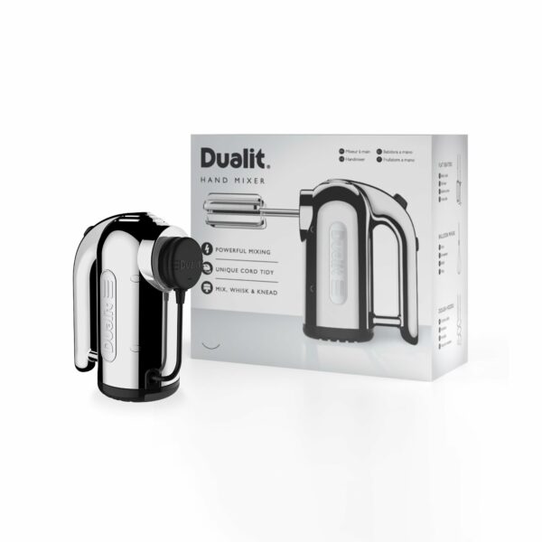 Dualit Hand Mixer Chrome - 400W - Strong Grip Handle - Attachments Included - Integral Plug Storage - 4 Speed Settings - Repairable gears - Flat Beaters, Dough Hooks, Balloon Whisk