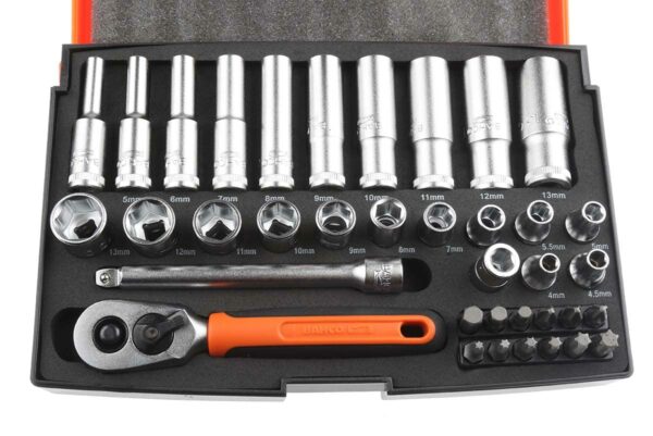 Bahco SL25L Socket Mechanical Set, Metric ,Black/Red,1/4" Dynamic Drive, 37 Pieces