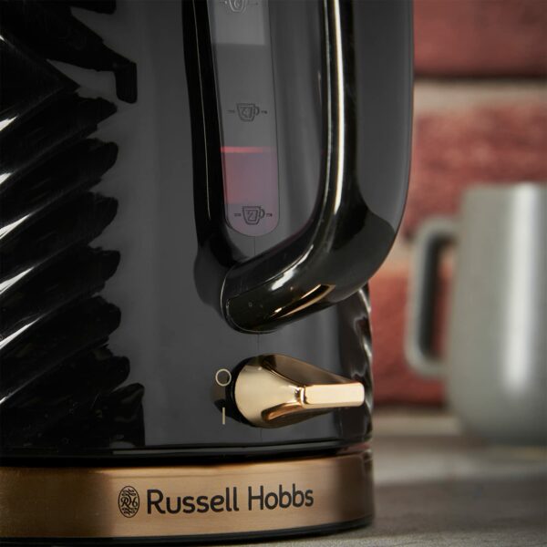 Russell Hobbs Groove Electric 1.7L Cordless Kettle (Fast Boil 3KW, Black textured plastic with brushed gold accents, Removable washable anti-scale filter, Push to open lid, Perfect pour spout) 26380