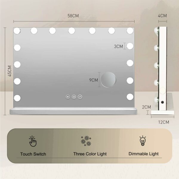 YOURLITE Hollywood Vanity Mirror with Lights, 58×45cm Lighted Makeup Mirror with 15 Dimmable Led Bulbs, 3 Lighting Modes, Touch Screen Control, Tabletop and Wall Mounted for Bedroom