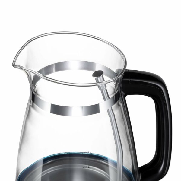 Russell Hobbs Carafe Style 1.7L Cordless Electric Glass Kettle with black handle, lid & base and blue internal illumination (Fast boil, 3KW, Anti-scale filter, Pull off lid, unique glass spout) 26080