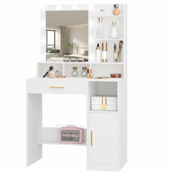 Hzuaneri Dressing Table with Mirror and 10 LED Lights,Vanity Table, Makeup Vanity with 3 Shelves & 4 Open Compartments, Large Drawer & Cabinet, Adjustable Lighting Brightness, White VT08103XUK