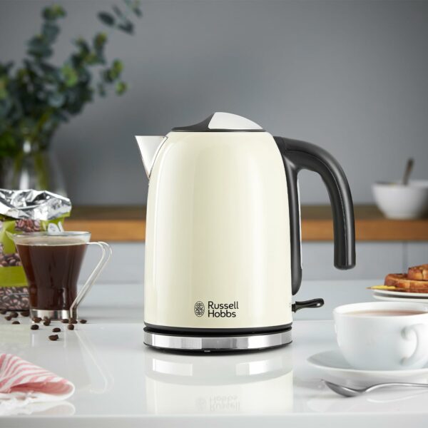 Russell Hobbs Cream Stainless Steel 1.7L Cordless Electric Kettle with black handle (Fast Boil 3KW, Removable washable anti-scale filter, Pull to open hinged lid, Perfect pour spout) 20415