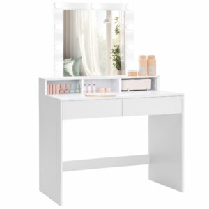 VASAGLE Dressing Table, LED Lights with Adjustable Brightness, Vanity Table with Mirror, 2 Drawers and 3 Compartments, Makeup Table, Modern, White RDT194T14