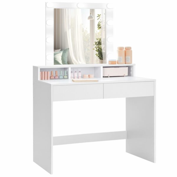 VASAGLE Dressing Table, LED Lights with Adjustable Brightness, Vanity Table with Mirror, 2 Drawers and 3 Compartments, Makeup Table, Modern, White RDT194T14