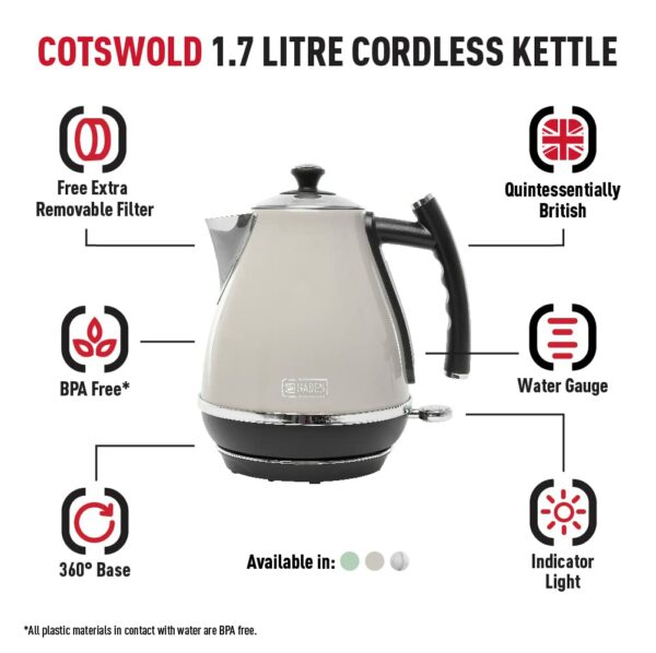 Haden Cotswold Putty Kettle -Premium 1.7L Stainless Steel Electric Kettle with Rapid Boil, Cordless Base, Boil-Dry Protection