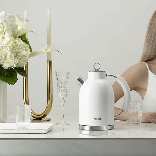 Stainless Steel Kettle, ASCOT Electric Kettle, 2200 W, 1.6 Litres, Retro Design, Wireless Tea Maker, BPA , Boil Dry Protection, Automatic Shut-Off, White