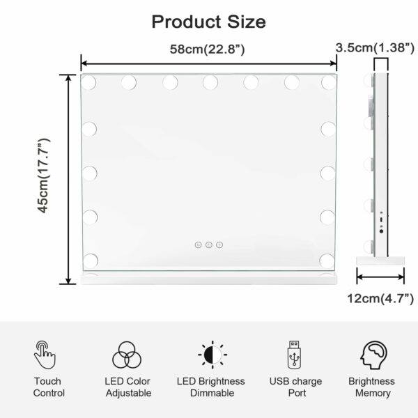 Dripex Hollywood Vanity Mirror with Lights, 58×45cm Large Lighted Makeup Mirror with 15 Dimmable Bulbs, 3 Color Modes, Touch Screen Control, Adapter Plug, Tabletop or Wall Mounted Mirror For Bedroom