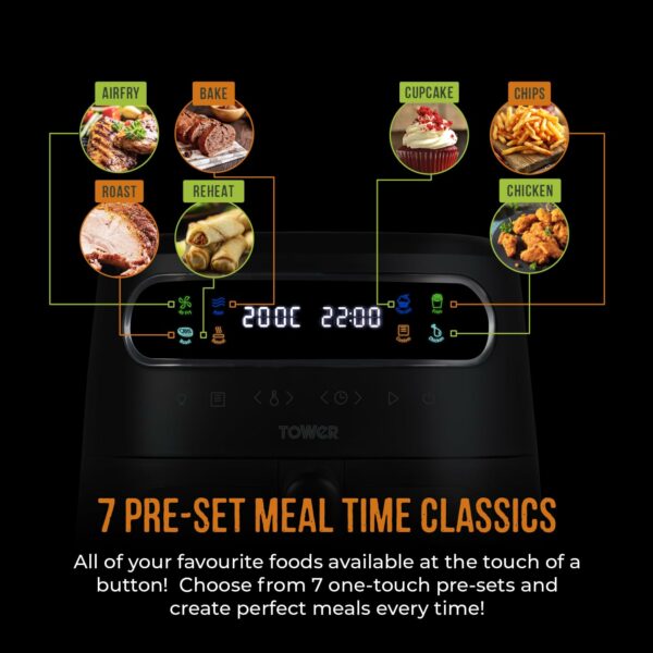 Tower, T17123, Vortx Vizion 7.5L Air Fryer with Colour Digital Display, Digital Control Panel & 7 One-Touch Pre-sets, 1900W, Black